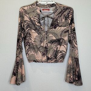 Maaji Womens Cropped Top Size Medium Pink Tropical Print Long Bell Sleeve V-Neck